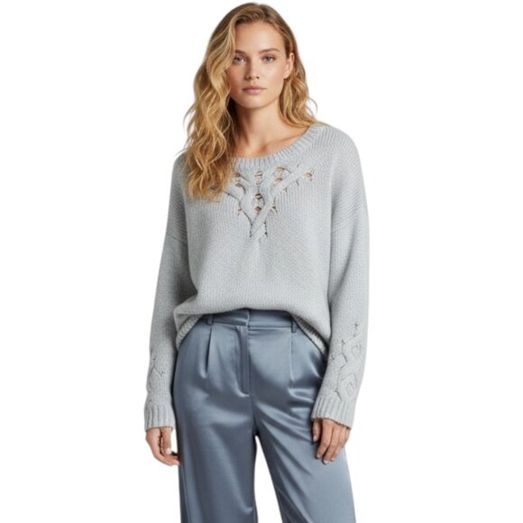 BCBGMAXAZRIA Chunky Sweater Sz.L Gray Wool Blend Boho Chic Coastal Cableknit - Picture 1 of 10